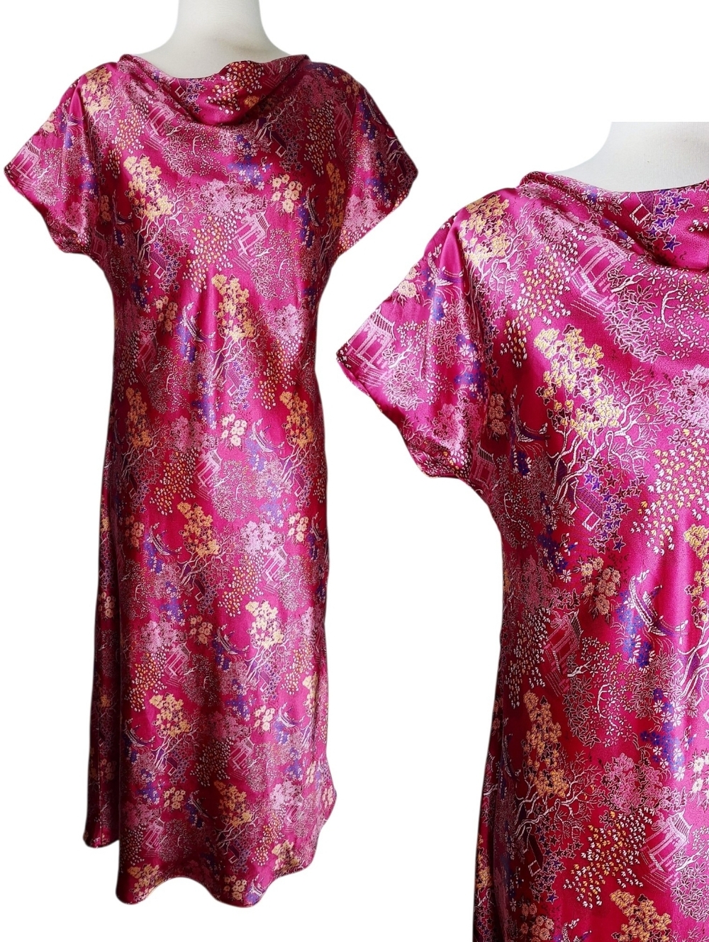Vintage 70s Handmade Floral Chinese Cowl Neck Bias Cut Midi Dress Sz Medium Pink